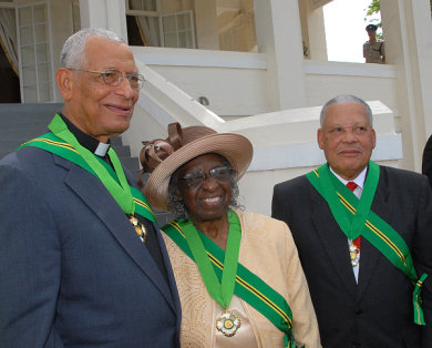 The three outstanding Jamaicans who were conferred with the Order of Jamaica (OJ), at King's House. From left are: Reverend Canon the Hon. Weeville Gordon, Custos of Kingston; Reverend Carmen Stewart, Custos of St. Andrew and the Hon. Headley Cunningham, former Speaker of the House of Representatives.