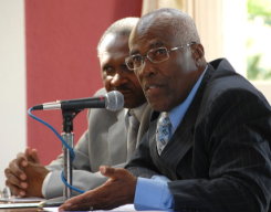 Vigil 1- Rev. Dr. Roy Henry (right), Chairman of the National Prayer Vigil Committee, provides details on the National Prayer Vigil at a press briefing held on Friday (Nov. 30) at King's House. At left is Evangelist Errol Rattray, Public Relations Officer for the Committee. The prayer vigil will be held on December 9 at the Bread of Life Ministry in Linstead, St. Catherine.