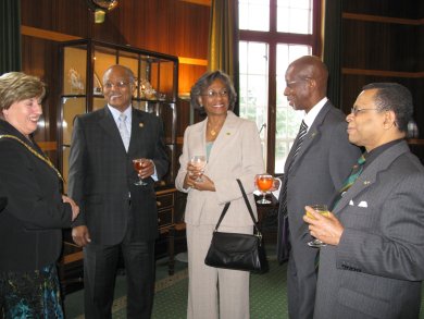 Governor General, Professor Sir Kenneth Hall (2nd Left) and Lady Hall (3rd Left), share a light moment with the Mayor of Derby, Councillor Barbara Jackson (left); High Commissioner, Burchell Whiteman and Chairman of the Derby West Indian Association, George Mighty, during their recent visit to the United Kingdom. The Governor General was a special guest of the Mayor during a visit to the West Midlands city.