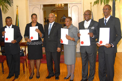 Governor-General, His Excellency, the Most Hon. Professor Sir Kenneth Hall (third left) is in the company of the five judges, who were presented with their instruments of appointment to higher offices within the judiciary, during a swearing-in ceremony held today (Jan. 7) at King's House. From left are: Justices Martin Gayle, Marva McDonald Bishop, Sarah Thompson James, Bertram Morrison and Frank Williams. 