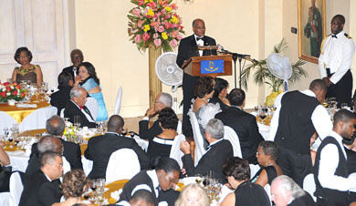 Governor-General, His Excellency the Most Hon. Professor Sir Kenneth Hall (at podium), addresses diplomats, officials, and guests at the Diplomatic Corps dinner, held at King's House on January 29, which formed part of activities marking Diplomatic Week, from January 26 to 30.