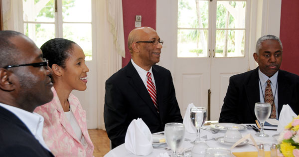 Governor General, His Excellency the Most Honourable Dr Patrick Allen (second right), entertains media personnel attending a luncheon held at Kings House today. Also sitting at the table is (from left) Editor in Chief of The Gleaner, Garfield Grandison, Chief Executive Officer of the Jamaica Information Service, Donna-Marie Rowe, and Executive Editor of the Jamaica Observer and Second Vice President of the Press Association of Jamaica, Vernon Davidson.