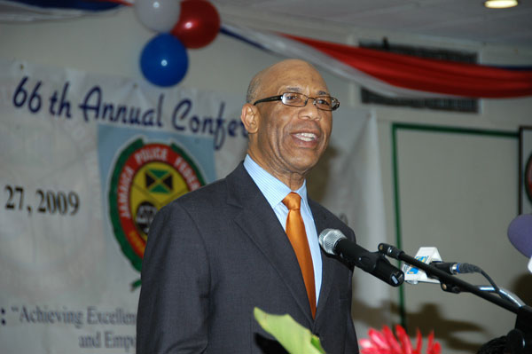 Governor-General,  His Excellency the Most Honourable Dr. Patrick Allen  giving the main address at the Jamaica Police Federation’s 66th Annual Joint Conference, at the Starfish Hotel, in Falmouth, Trelawny, on May 27. 