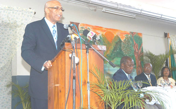 Governor-General, His Excellency the Most Hon. Sir Patrick Allen, addresses a function on July 9 at Beadle Hall in Santa Cruz, St. Elizabeth, which was hosted by the St. Elizabeth Lay Magistrates Association. Others (seated from left) are: Custos of the parish, Hon. Alfred Farquharson; President of the St. Elizabeth Lay Magistrates Association, Wilfred Nembhard; and Her Excellency the Most Hon. Lady Allen.