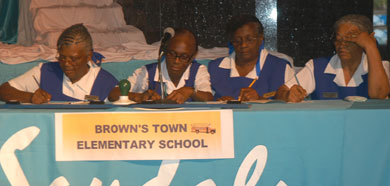 Members of the Brown's Town Elementary Team calculate a math problem at the recent St. Ann Seniors Challenge Quiz held at the Sandals Dunn's River Resort in St. Ann. The team copped first place scoring 42 points over the Claremont Elementary Team, which scored 34 points.