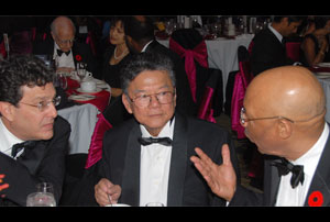 The Governor General, His Excellency the Most Hon Sir Patrick Allen (right) speaking with PSOJ Hall of Fame inductee, Chairman of the Lasco Affiliated Group, Hon Lascelles Chin, OJ (centre), and PSOJ President, Joseph Matalon, at the PSOJ Banquet at the Wyndham Kingston Hotel on Thursday (October 27).