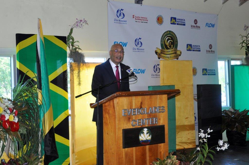 His Excellency the Most Honourable Sir Patrick Allen addressing the 2017 Governor-General Achievement Awards presentation ceremony for the county of Cornwall at the Everglades Centre in Black, River St. Elizabeth on Thursday, April 27.