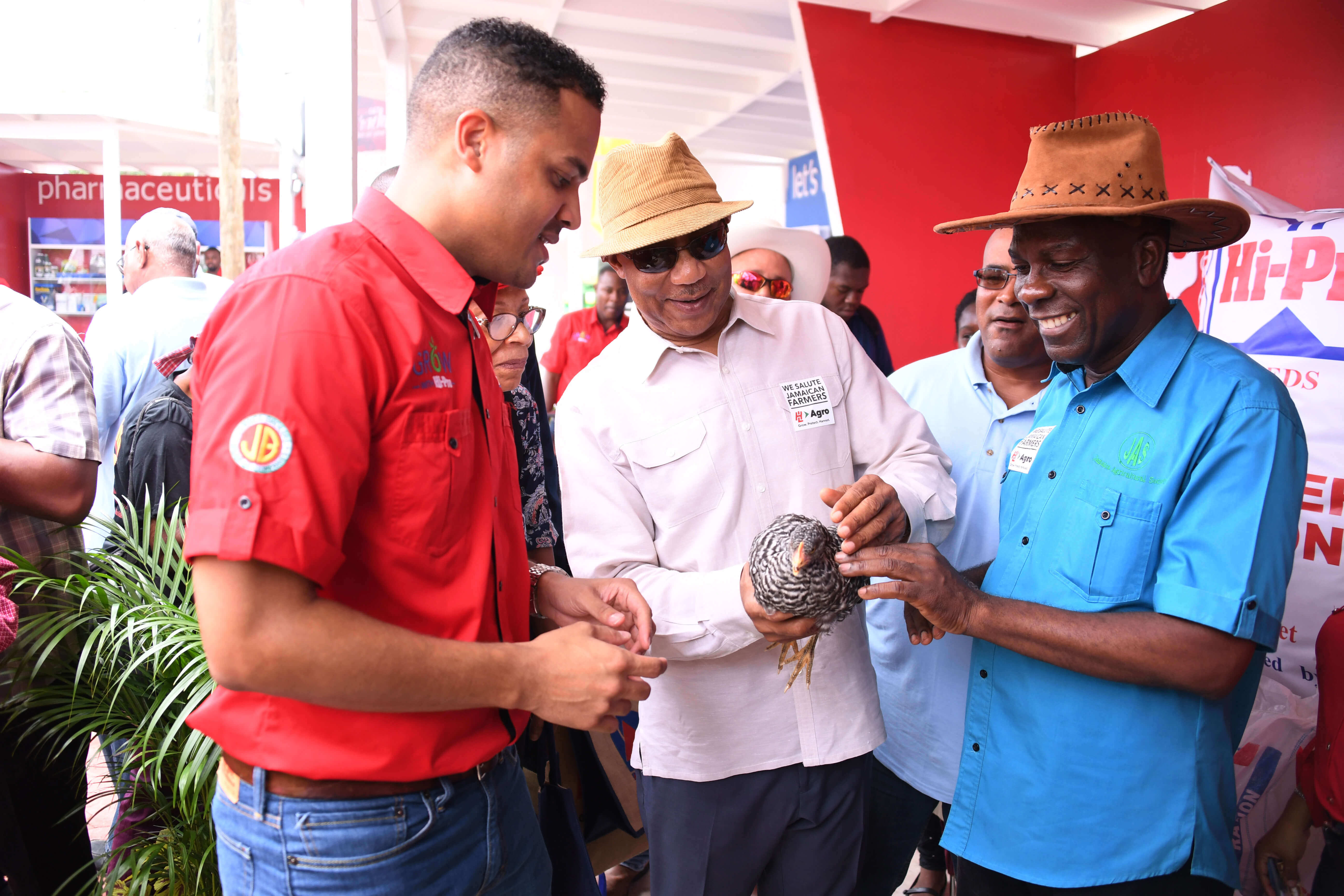 His Excellency Sir Patrick Allen (centre) holds a chicken during his tour of the Hi Pro booth at the Denbigh Agricultural, Industrial and Food Show in Clarendon on Sunday (August 6, 2017). Looking on are President of Jamaica Agricultural Society, Mr. Norman Grant (right) and a Hi Pro Feed Representative.