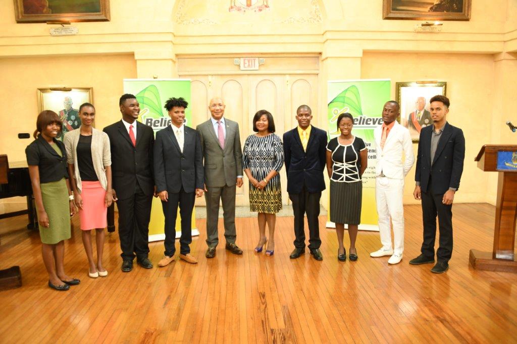Their Excellencies Sir Patrick Allen and Lady Allen (centre) with the finalists of the 2017 I Believe Initiative Summer Of Service Competition. L-R: Ms. Stanecia Wynter, Ms. Leneka Rhoden, Mr. Vashawn Saxton, Mr. Timothy Simmonds, Mr. Nickoy Watson, Ms. Celine Lobban, Mr. Stephan Anderson and Mr. Taquame Hutchinson.