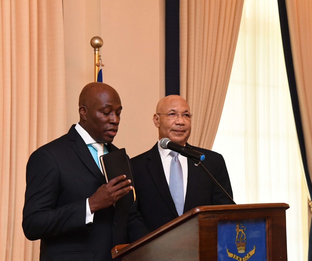 The Honourable Mr. Justice Bryan Sykes takes the Oath of Allegiance and the Judicial Oath for the Office of Chief Justice of Jamaica at a swearing-in ceremony held at King’s House on February 1,2018.