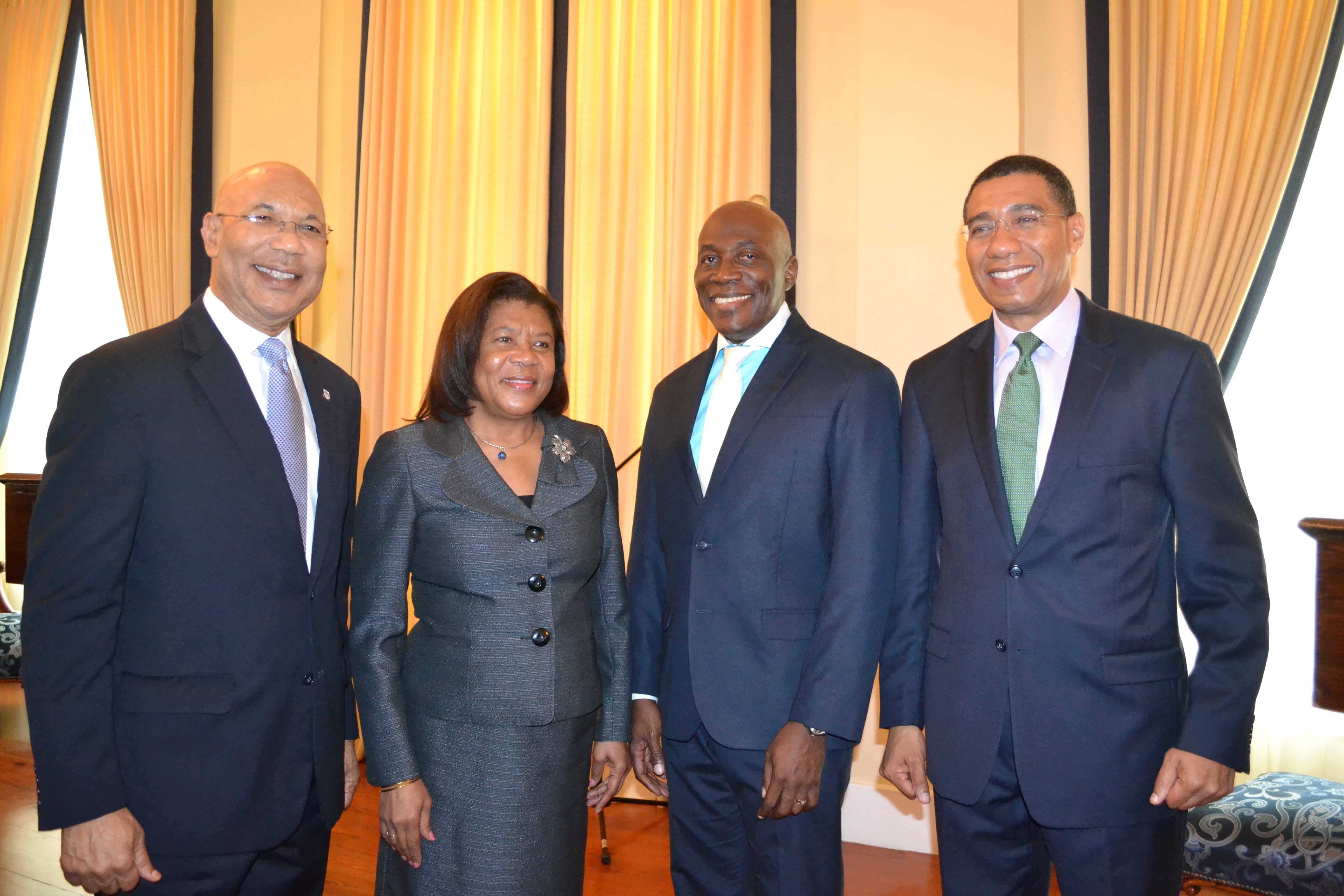 His Excellency The Governor-General (left) shares frame with Prime Minister the Most Honourable Andrew Holness (right), Honourable Mrs. Justice Zaila McCalla, outgoing Chief Justice (2nd left) and the Honourable Mr. Justice Bryan Sykes (2nd right) Acting Chief Justice.